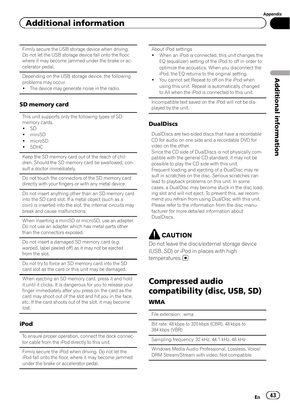 Compressed audio compatibility (disc, usb, Compressed audio compatibility (disc, usb, sd), Additional information | Pioneer DEH-80PRS User Manual | Page 43 / 52