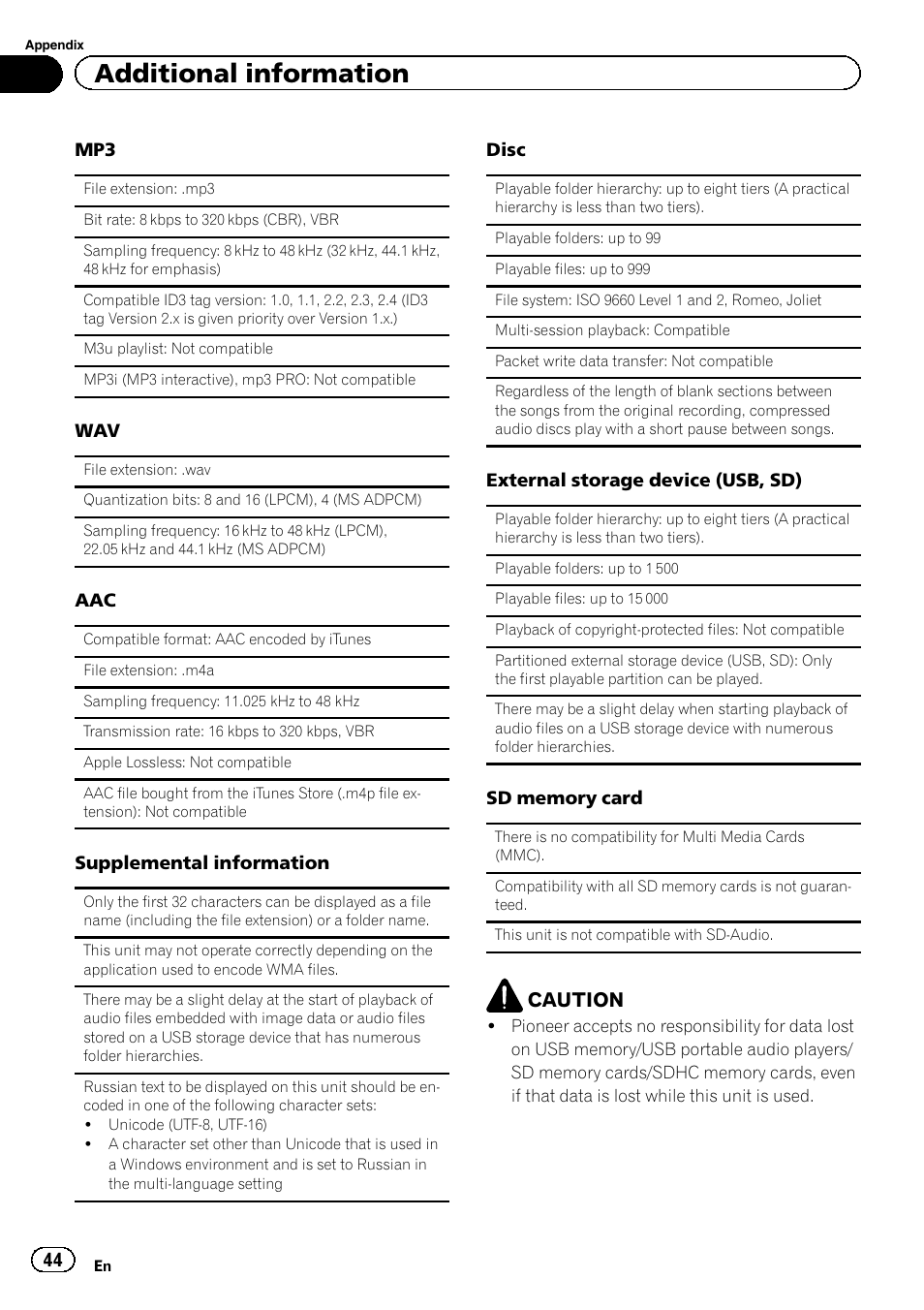 Additional information, Caution | Pioneer DEH-80PRS User Manual | Page 44 / 52
