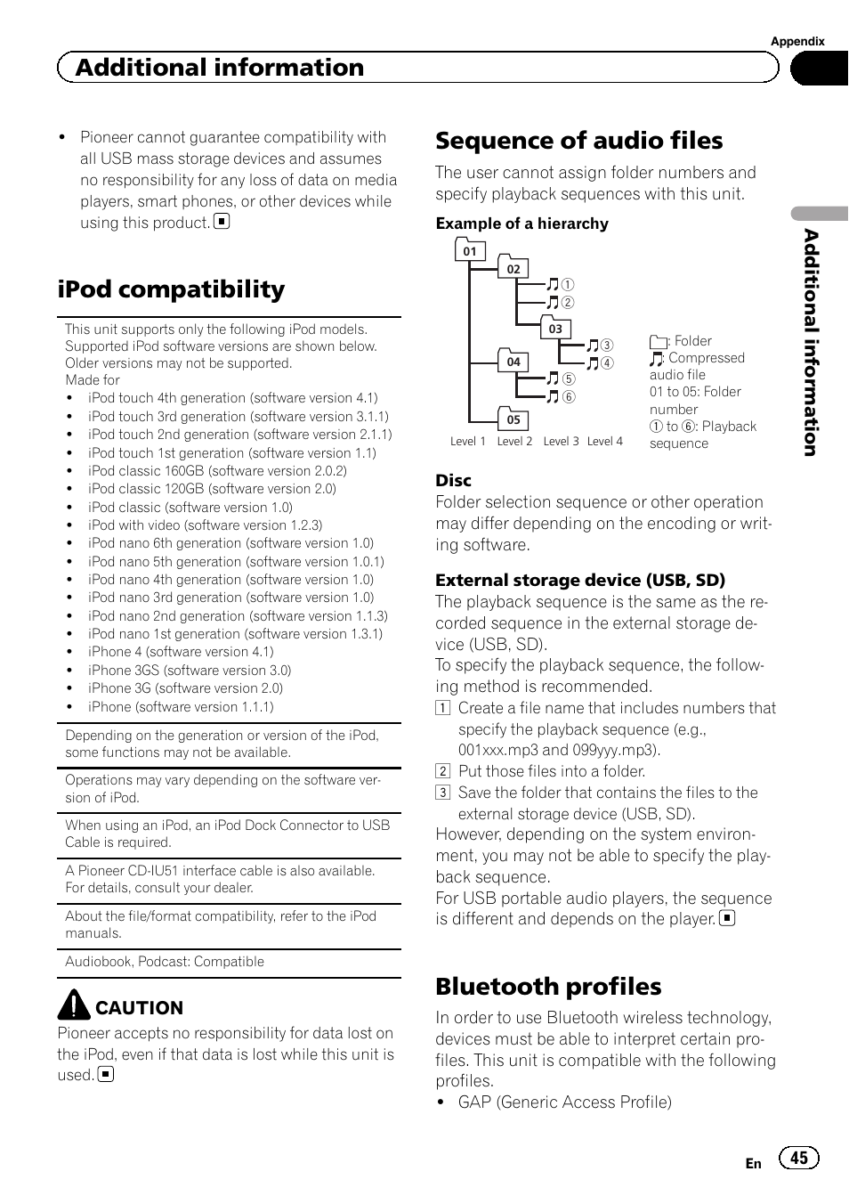 Ipod compatibility, Sequence of audio files, Bluetooth profiles | Additional information | Pioneer DEH-80PRS User Manual | Page 45 / 52