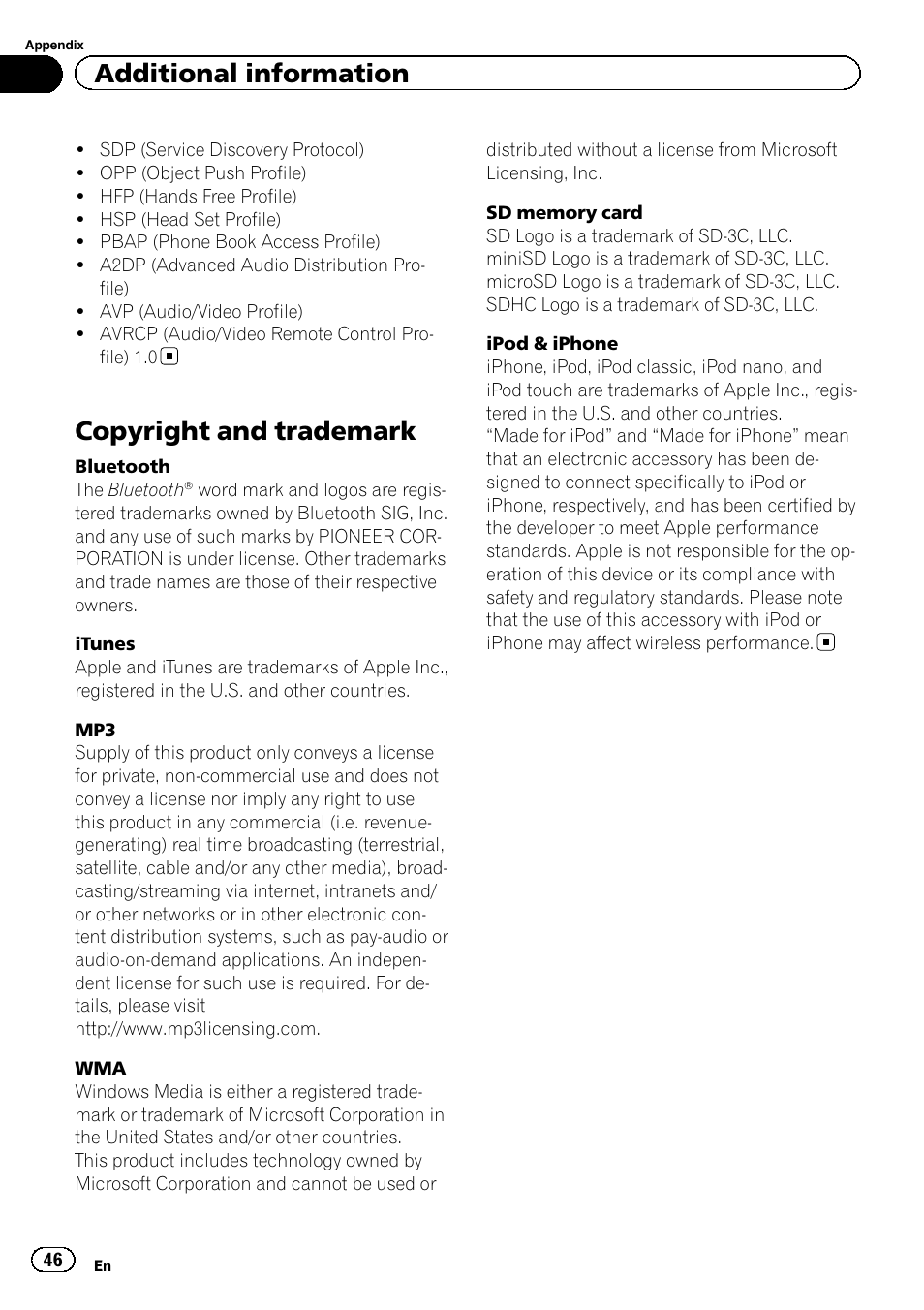 Copyright and trademark, Additional information | Pioneer DEH-80PRS User Manual | Page 46 / 52
