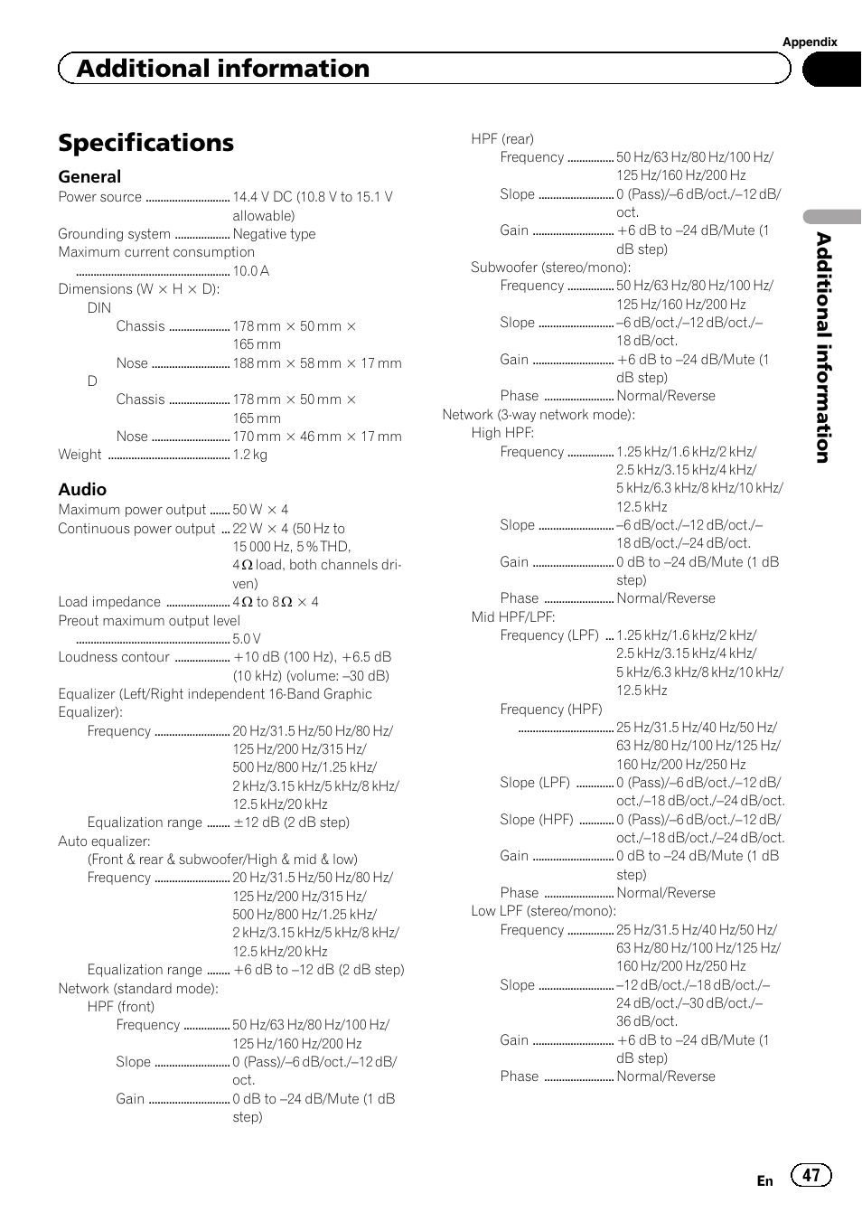 Specifications, Additional information, General | Audio | Pioneer DEH-80PRS User Manual | Page 47 / 52