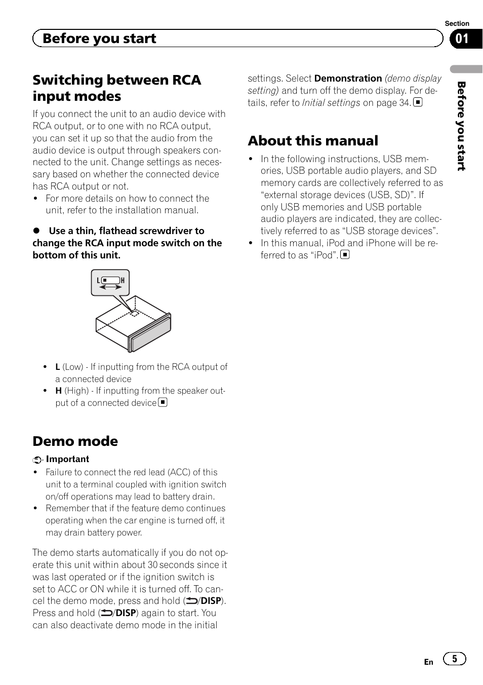 Switching between rca input modes, Demo mode, About this manual | Before you start | Pioneer DEH-80PRS User Manual | Page 5 / 52
