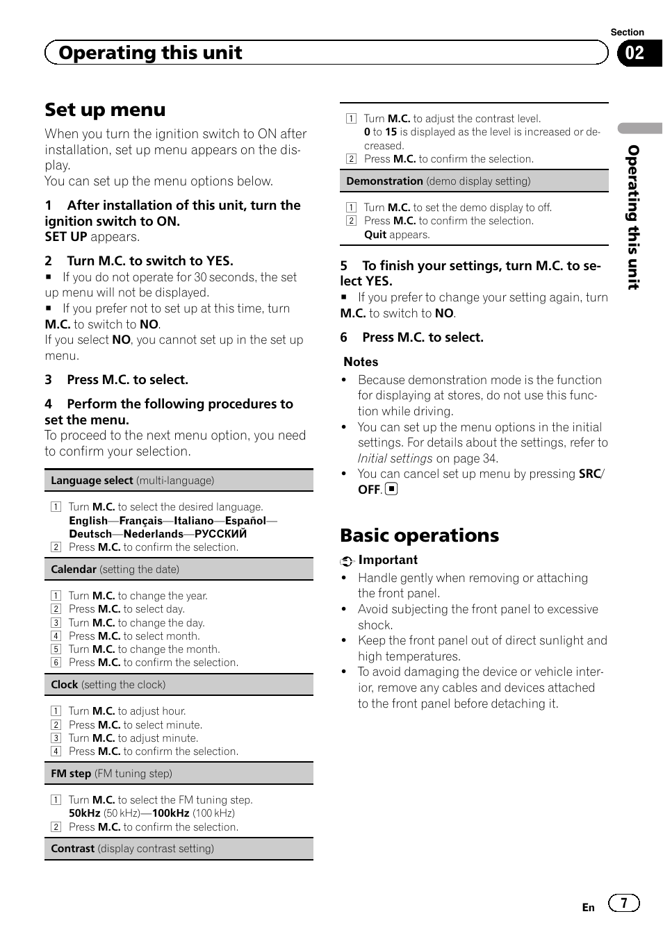 Set up menu, Basic operations, Operating this unit | Pioneer DEH-80PRS User Manual | Page 7 / 52