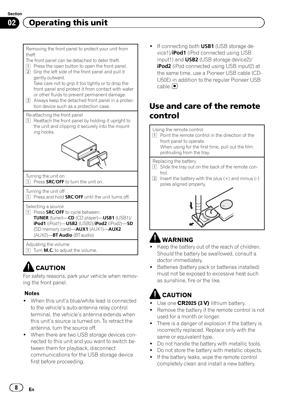 Use and care of the remote control, 02 operating this unit | Pioneer DEH-80PRS User Manual | Page 8 / 52