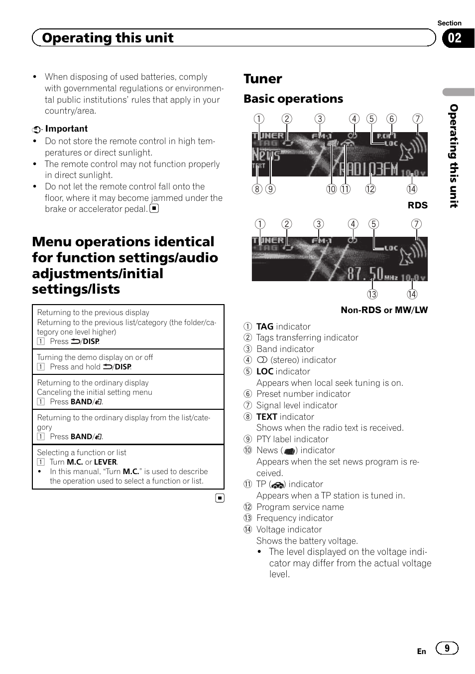 Menu operations identical for function, Settings/audio adjustments/initial settings/ lists, Tuner | Operating this unit, Basic operations | Pioneer DEH-80PRS User Manual | Page 9 / 52