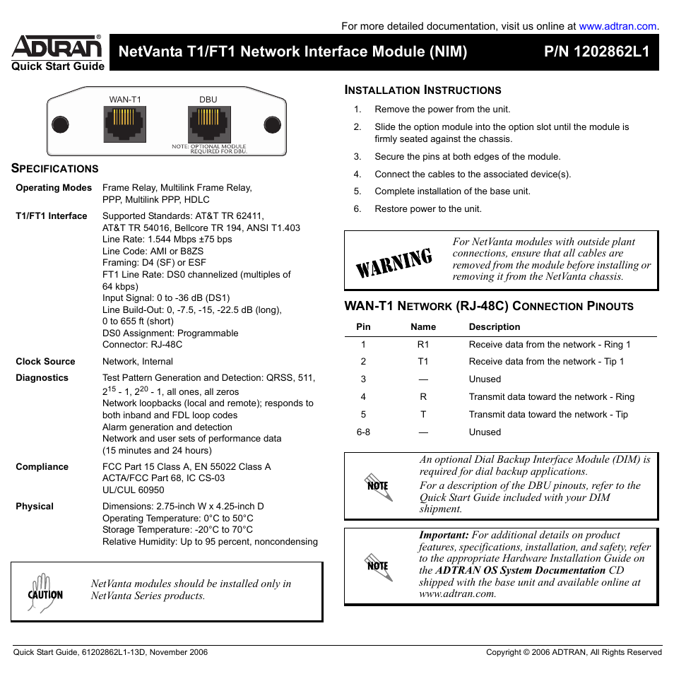ADTRAN NetVanta T1/FT1 User Manual | 2 pages