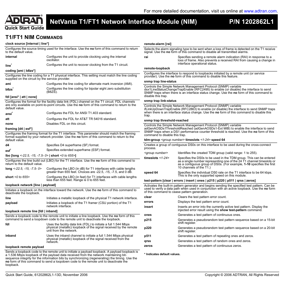 T1/ft1 nim c, Quick start guide, Ommands | ADTRAN NetVanta T1/FT1 User Manual | Page 2 / 2