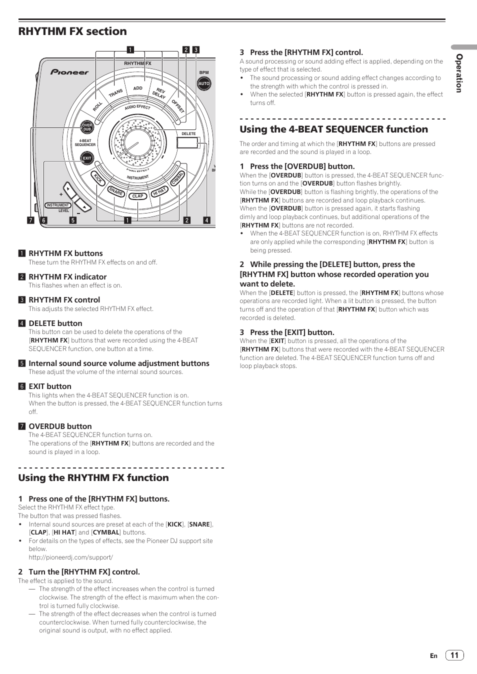 Rhythm fx section, Using the rhythm fx function, Using the 4-beat sequencer function | 11 op eration | Pioneer RMX-500 User Manual | Page 11 / 15