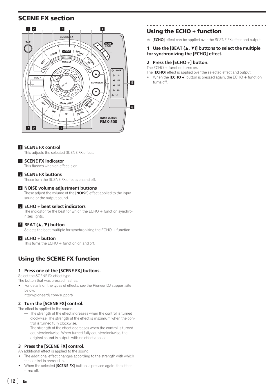 Scene fx section, Using the scene fx function, Using the echo + function | 2scene fx indicator, 3scene fx buttons, 4noise volume adjustment buttons, 5echo + beat select indicators, 6beat ( a , b ) button, 7echo + button, 1 press one of the [scene fx] buttons | Pioneer RMX-500 User Manual | Page 12 / 15