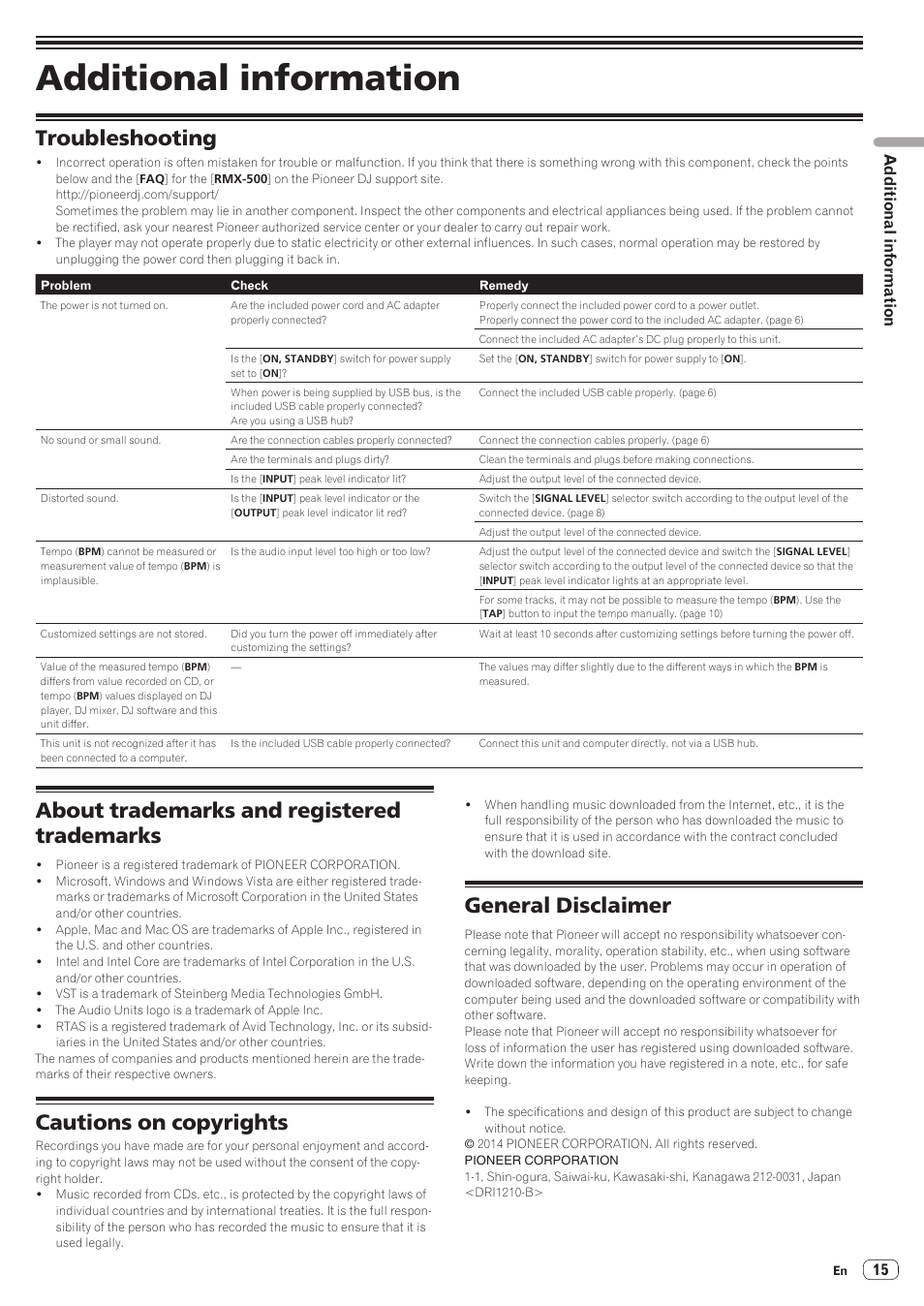 Additional information, Troubleshooting, About trademarks and registered trademarks | Cautions on copyrights, General disclaimer | Pioneer RMX-500 User Manual | Page 15 / 15
