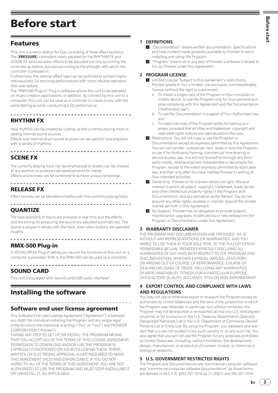 Before start, Features, Installing the software | Features installing the software, Rhythm fx, Scene fx, Release fx, Quantize, Rmx-500 plug-in, Sound card | Pioneer RMX-500 User Manual | Page 3 / 15