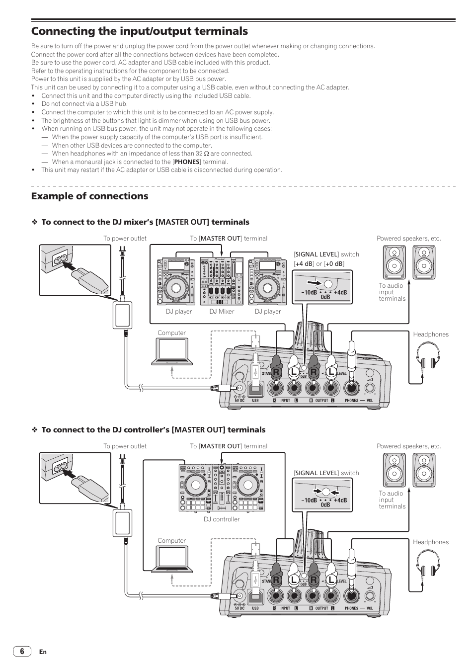 Connecting the input/output terminals, Example of connections, Rl r l | Pioneer RMX-500 User Manual | Page 6 / 15