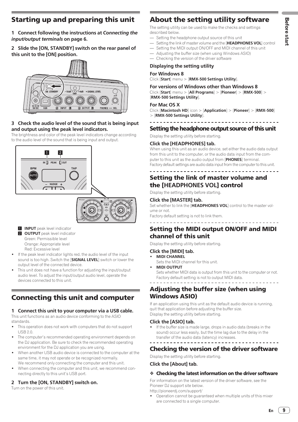 Starting up and preparing this unit, Connecting this unit and computer, About the setting utility software | Setting the headphone output source of this unit, Checking the version of the driver software | Pioneer RMX-500 User Manual | Page 9 / 15