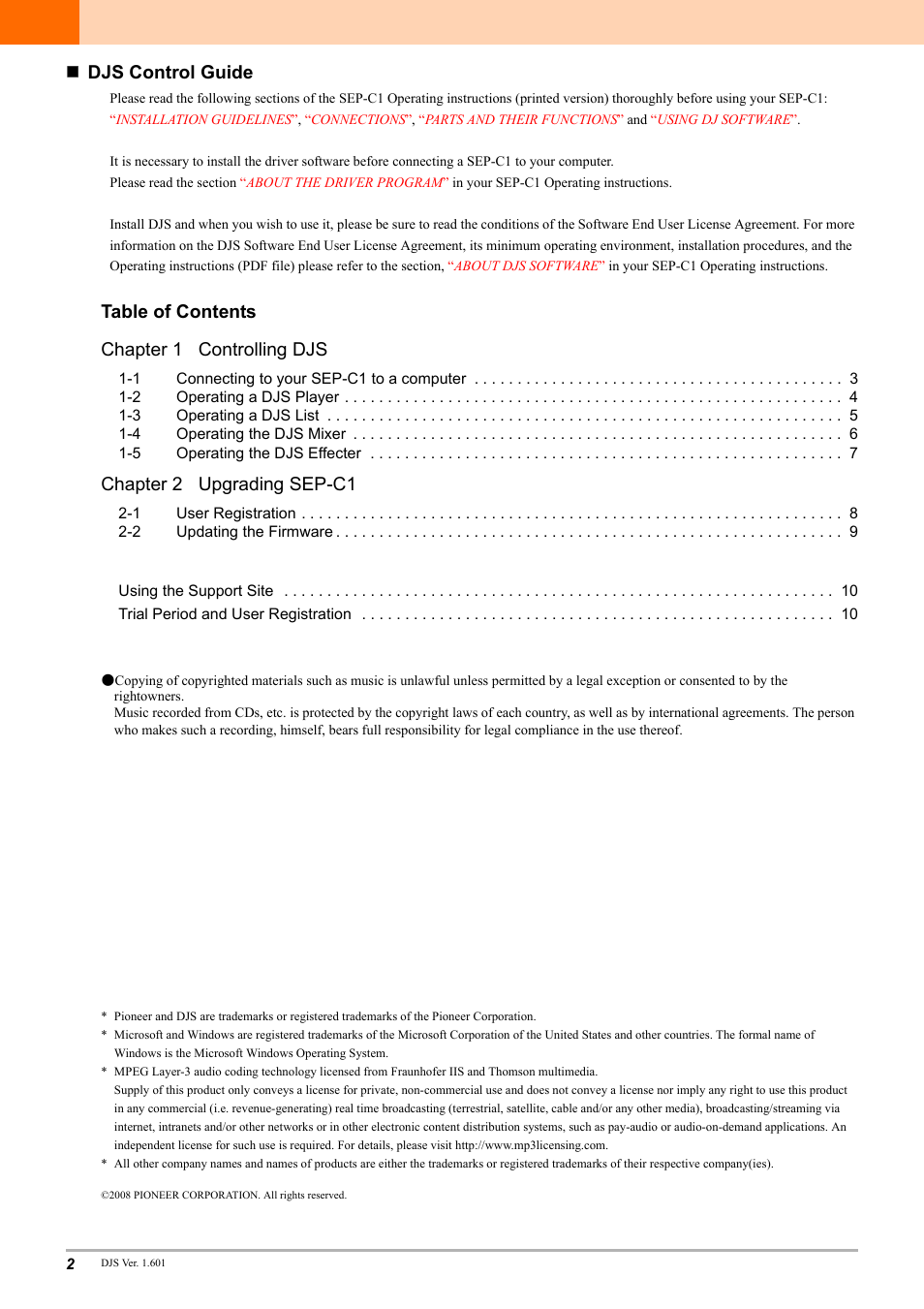 Djs control guide, Table of contents chapter 1 controlling djs, Chapter 2 upgrading sep-c1 | Pioneer SEP-C1 User Manual | Page 2 / 12