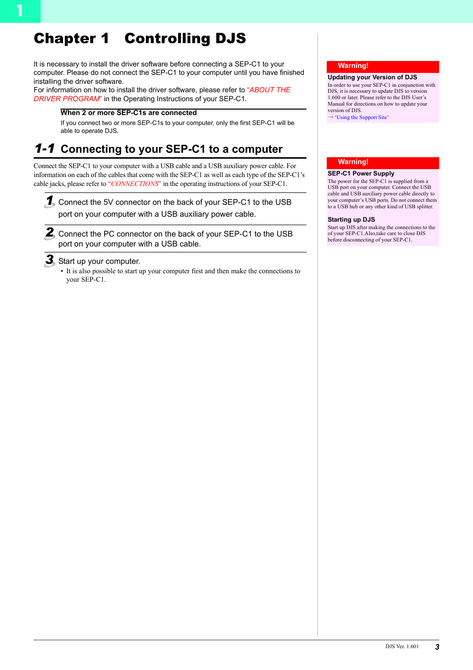 Chapter 1 controlling djs, 1 connecting to your sep-c1 to a computer, Connecting to your sep-c1 to a computer | Pioneer SEP-C1 User Manual | Page 3 / 12