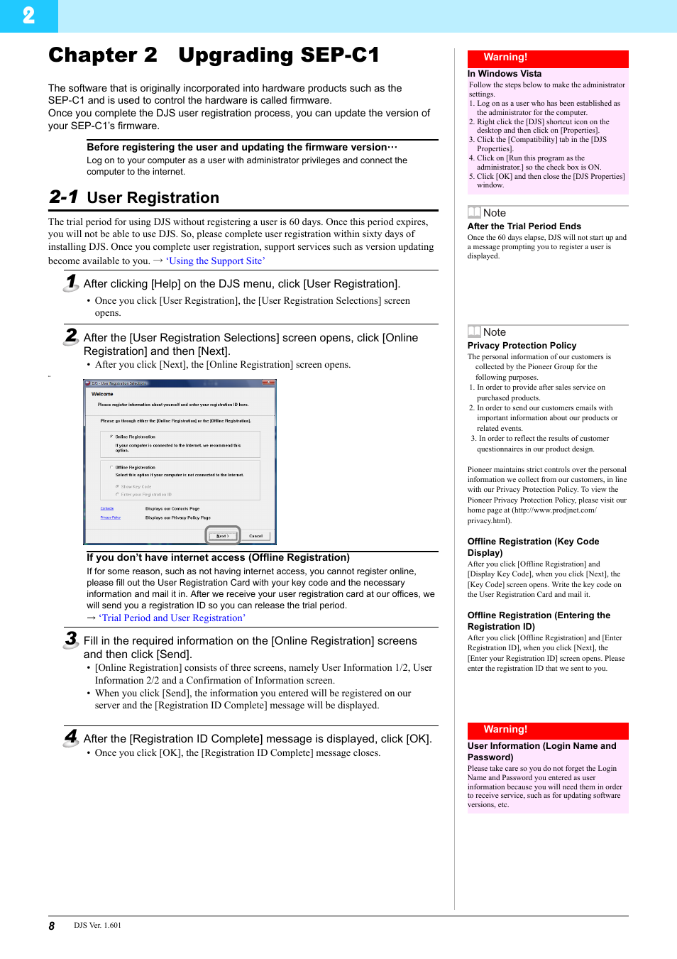 Chapter 2 upgrading sep-c1, 1 user registration, User registration | Pioneer SEP-C1 User Manual | Page 8 / 12