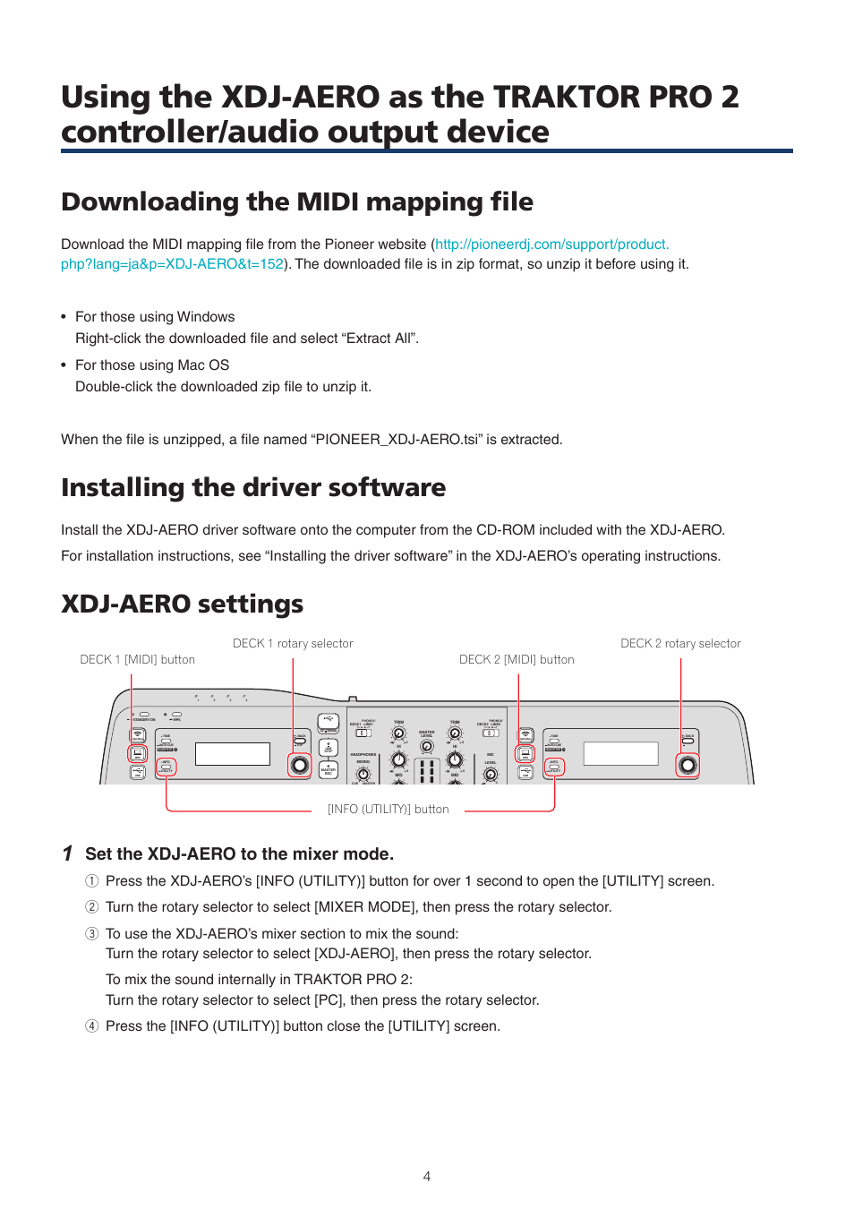 Downloading the midi mapping file, Installing the driver software, Xdj-aero settings | Set the xdj-aero to the mixer mode | Pioneer XDJ-AERO User Manual | Page 4 / 9
