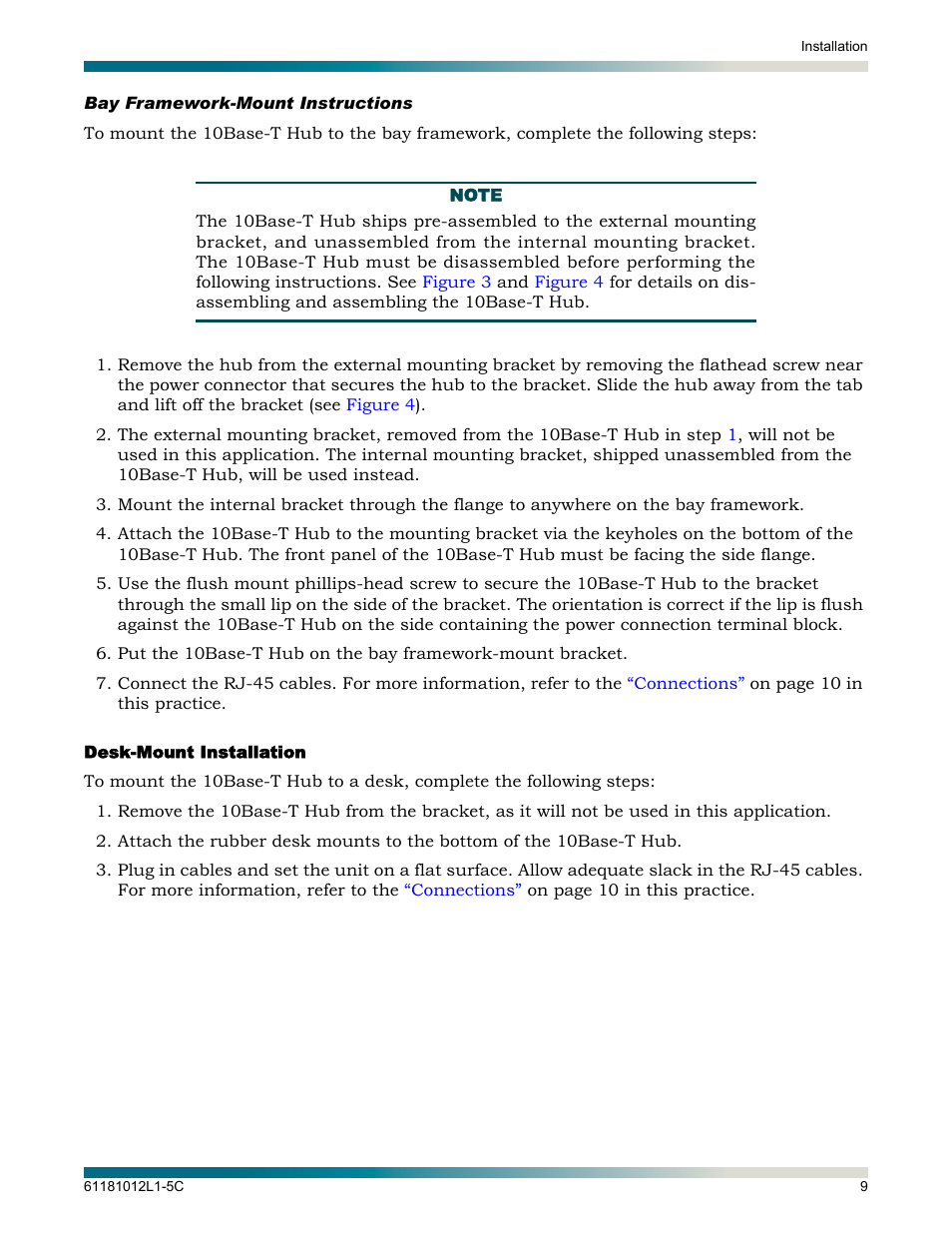 Bay framework-mount instructions, Desk-mount installation | ADTRAN Hub User Manual | Page 15 / 20