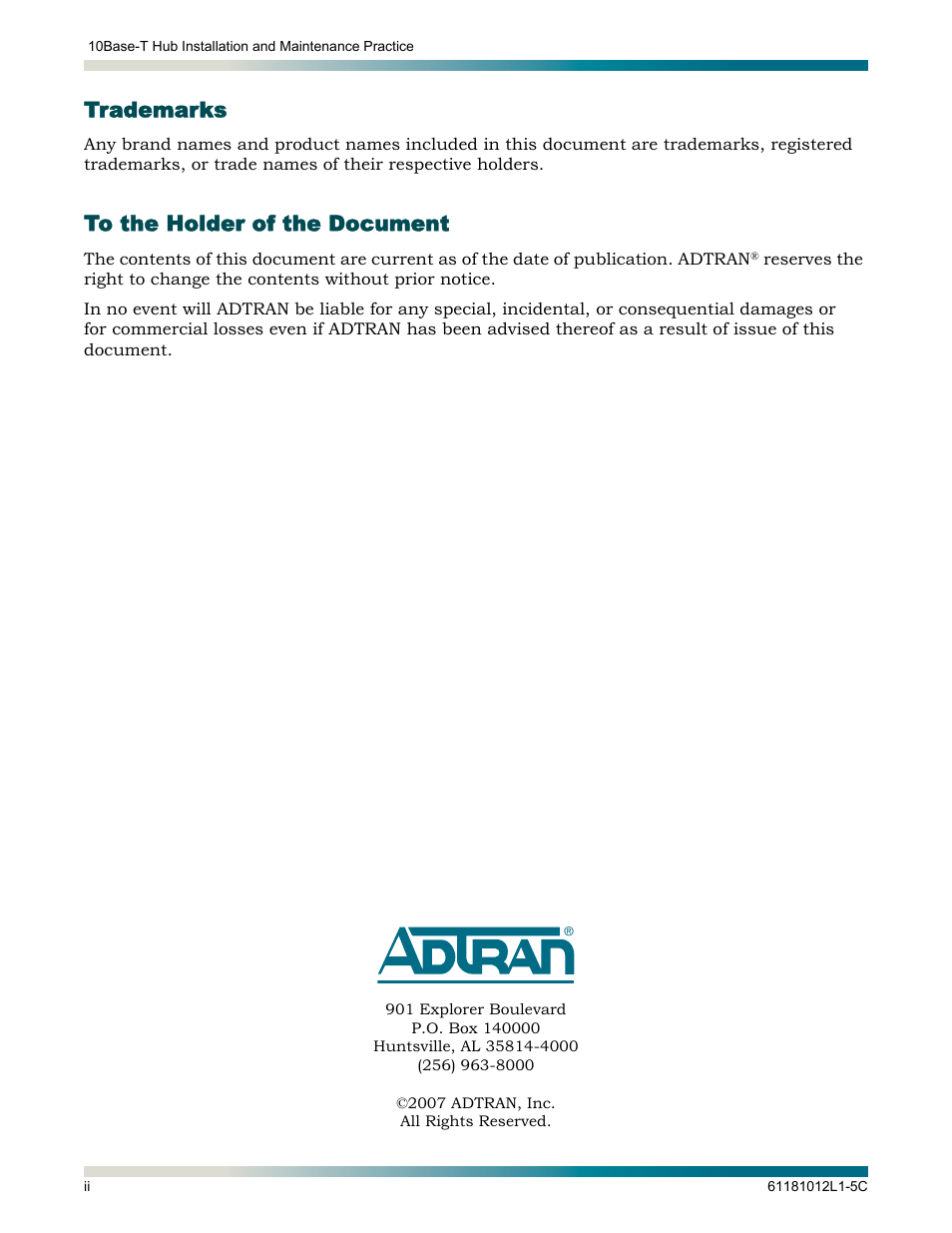 Front matter, Trademarks, To the holder of the document | ADTRAN Hub User Manual | Page 2 / 20