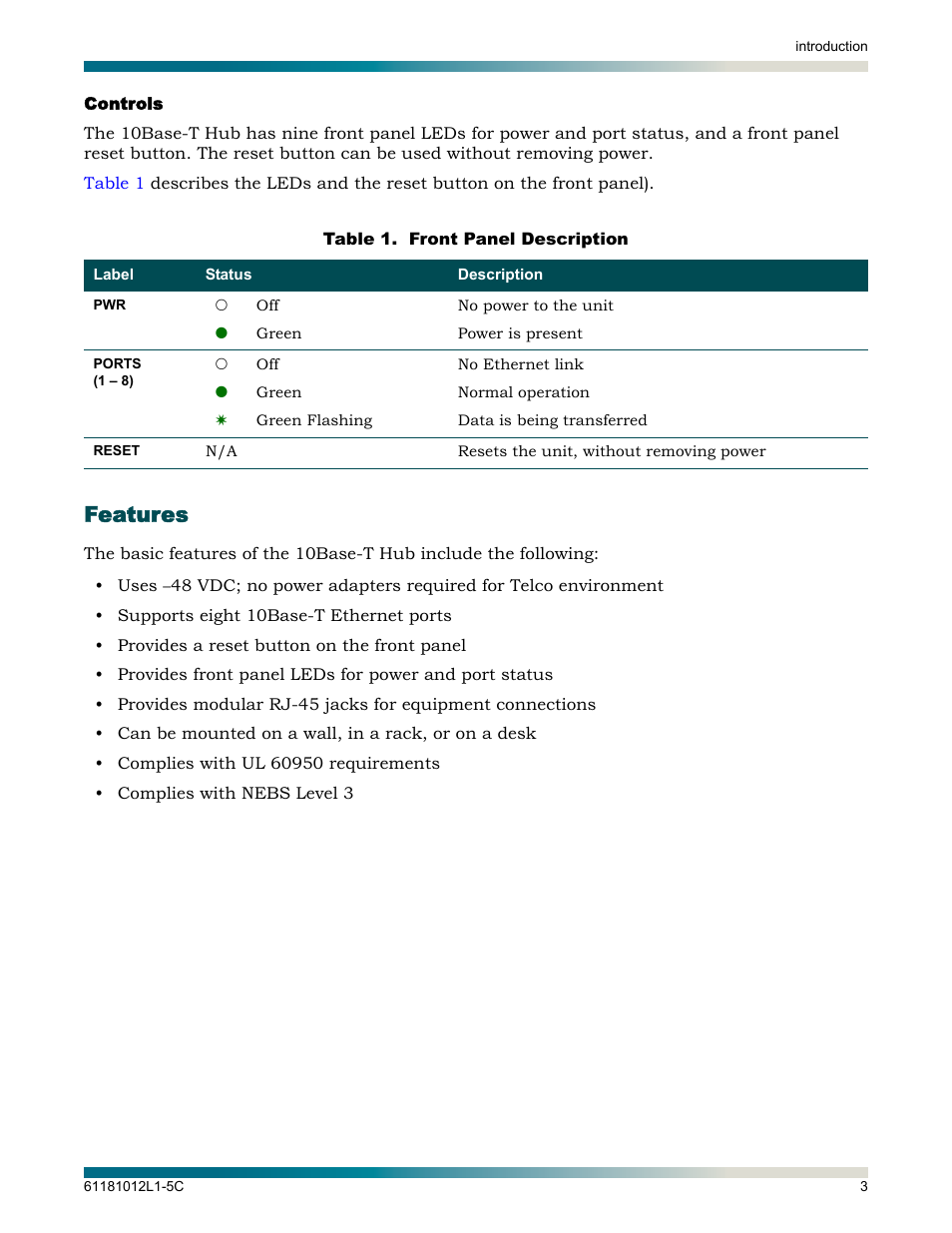 Controls, Features, Table 1 | Front panel description | ADTRAN Hub User Manual | Page 9 / 20