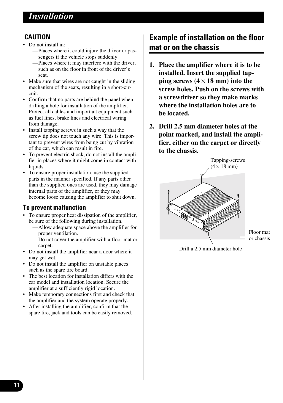 Installation, Example of installation on the floor mat, Or on the chassis | Pioneer GM-X364 User Manual | Page 12 / 76