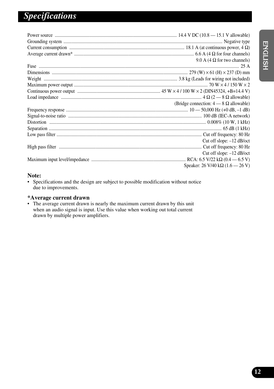 Specifications | Pioneer GM-X364 User Manual | Page 13 / 76