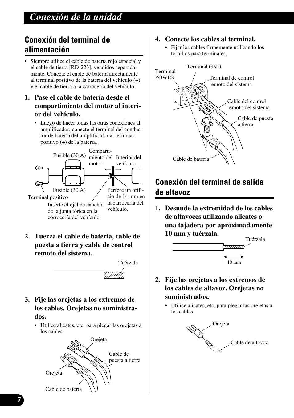 Conexión de la unidad, Conexión del terminal de alimentación, Conexión del terminal de salida de altavoz | Pioneer GM-X364 User Manual | Page 20 / 76