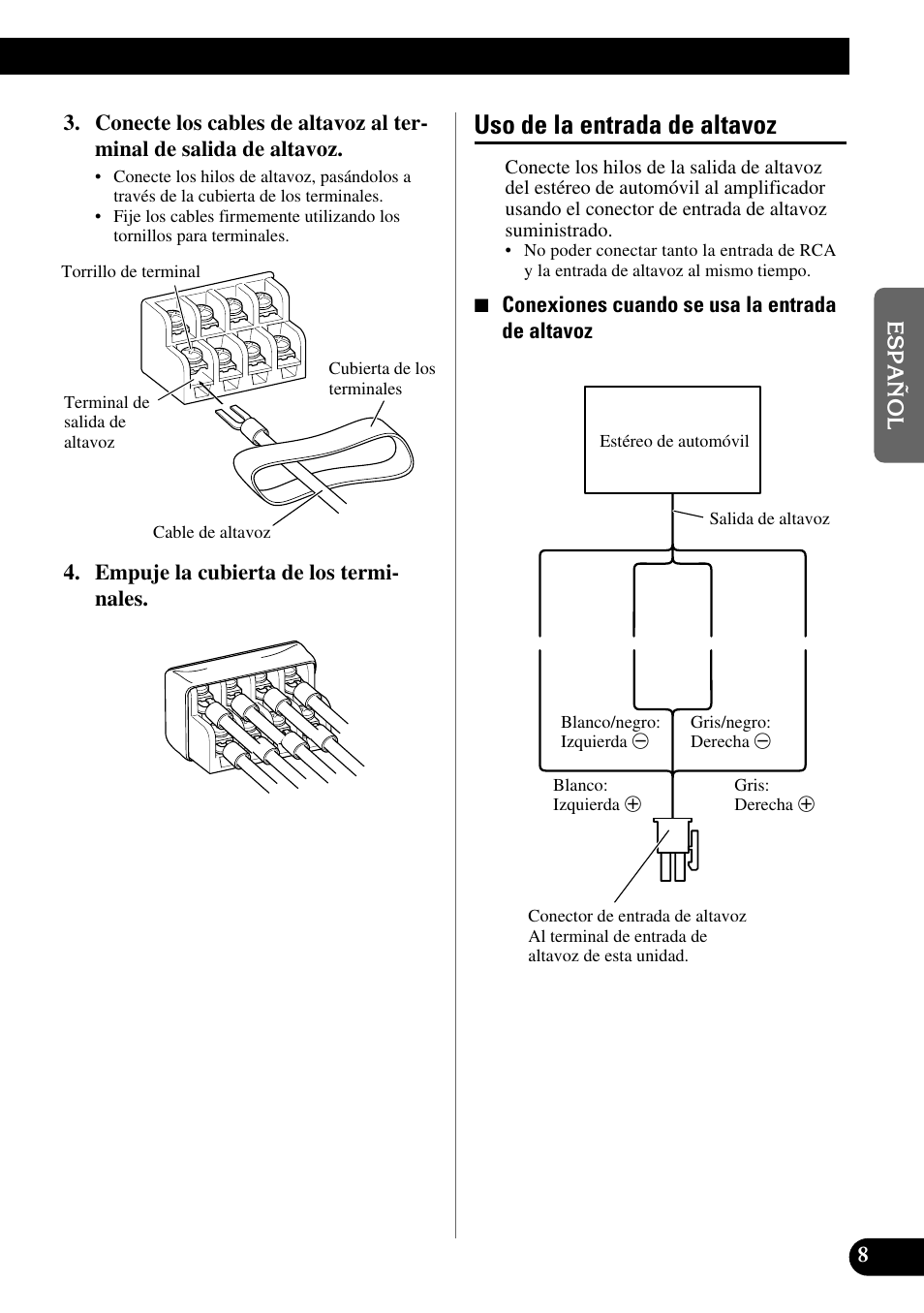 Uso de la entrada de altavoz | Pioneer GM-X364 User Manual | Page 21 / 76