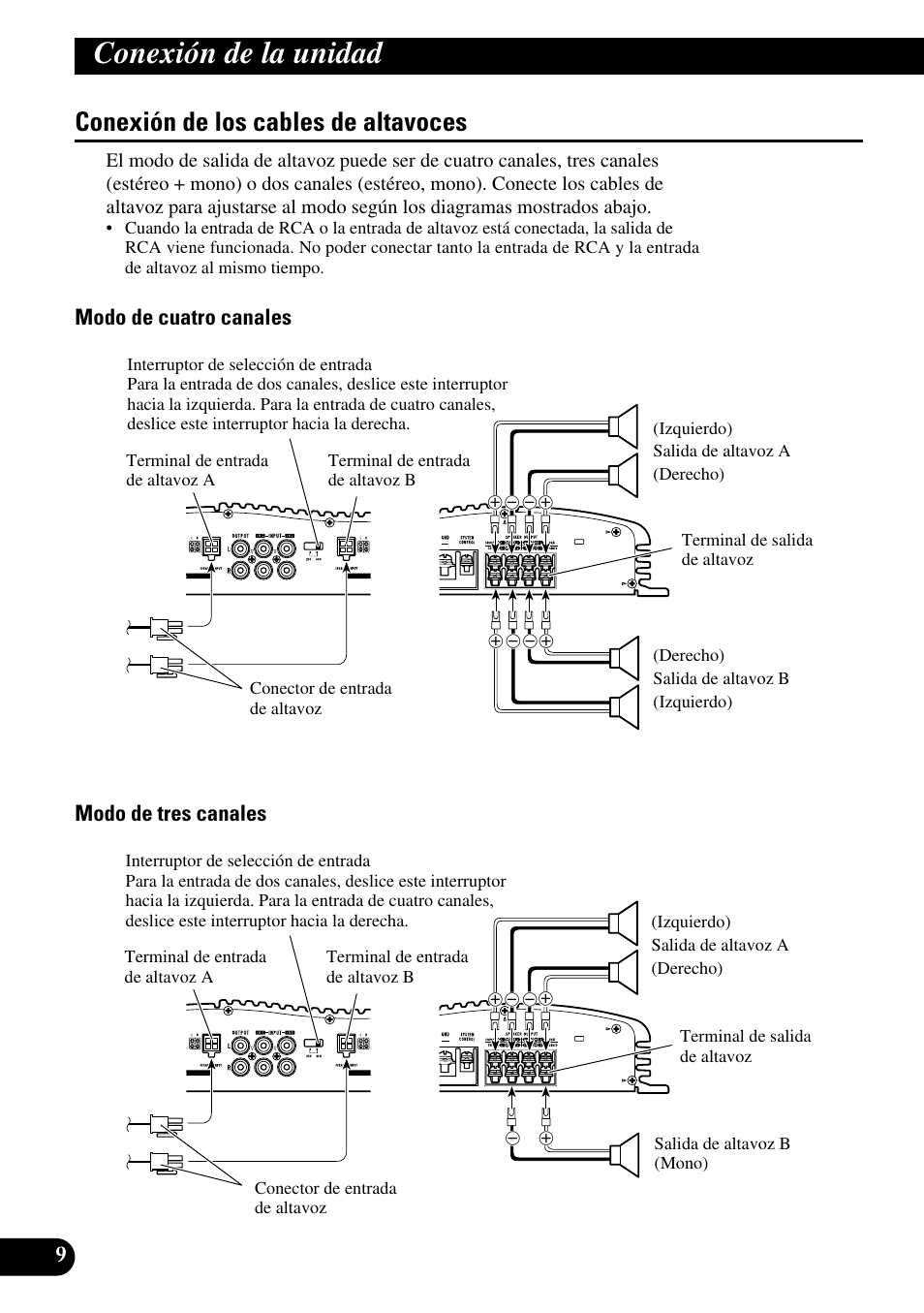 Conexión de los cables de altavoces, Conexión de la unidad, Modo de cuatro canales modo de tres canales | Pioneer GM-X364 User Manual | Page 22 / 76