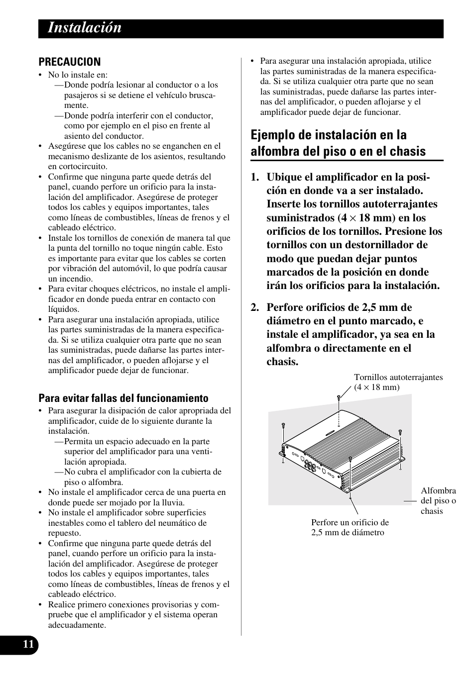 Instalación, Ejemplo de instalación en la alfombra del, Piso o en el chasis | Pioneer GM-X364 User Manual | Page 24 / 76