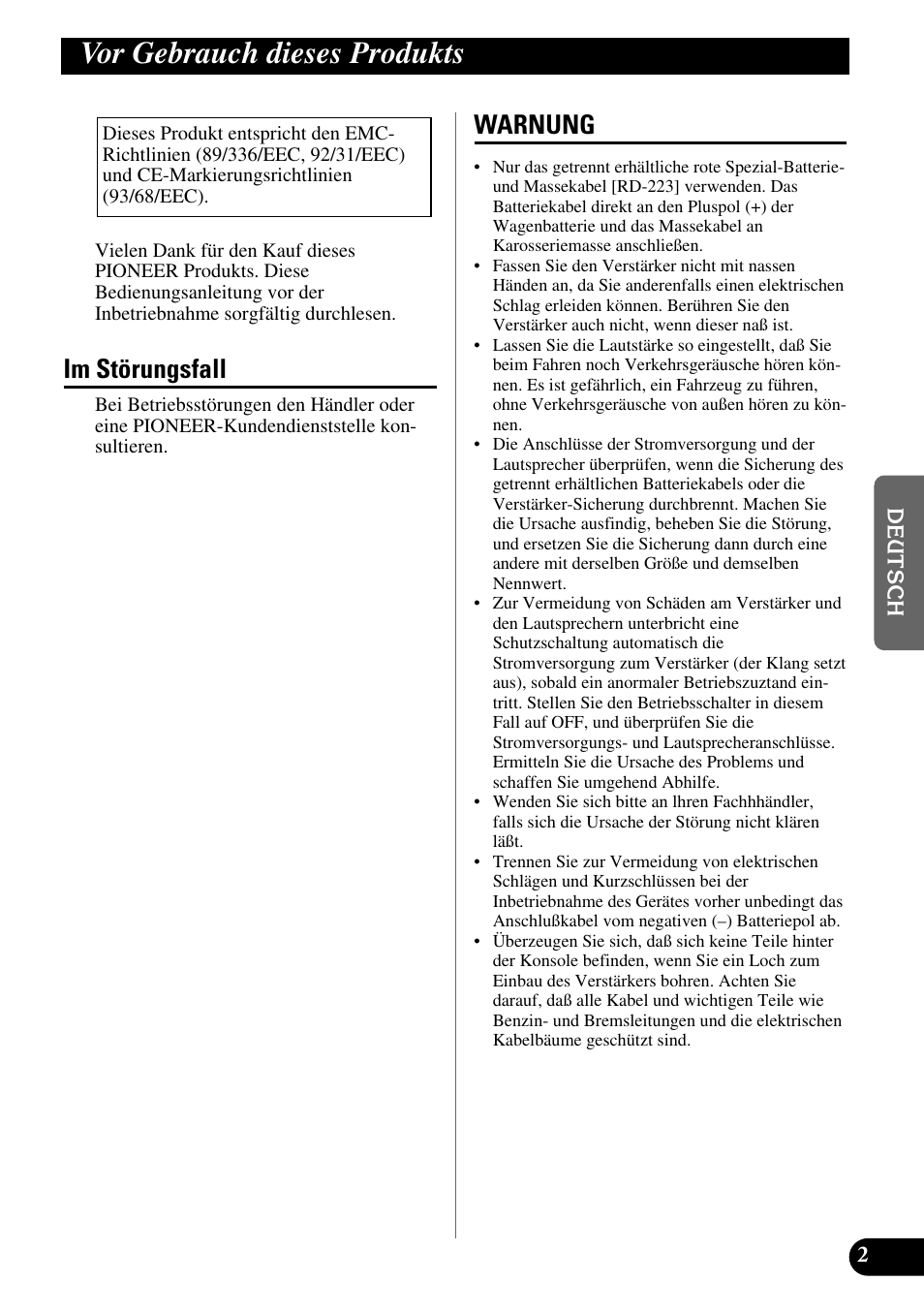 Vor gebrauch dieses produkts, Im störungsfall warnung, Im störungsfall | Warnung | Pioneer GM-X364 User Manual | Page 27 / 76