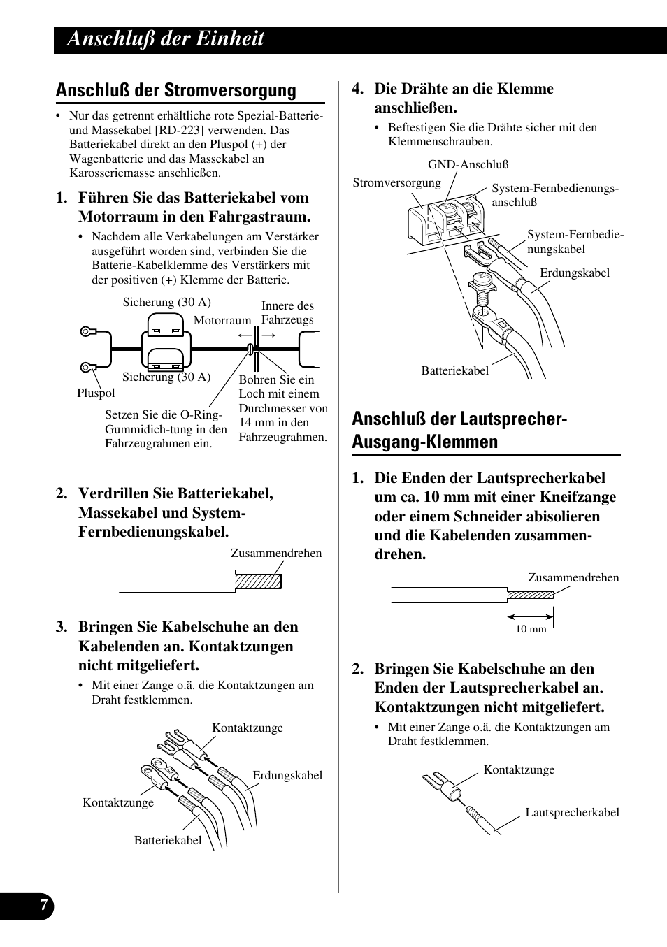 Klemmen, Anschluß der einheit, Anschluß der stromversorgung | Anschluß der lautsprecher- ausgang-klemmen | Pioneer GM-X364 User Manual | Page 32 / 76