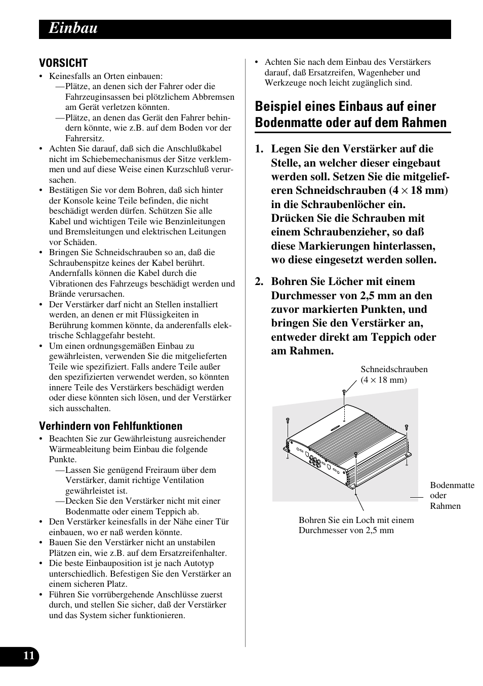 Einbau, Beispiel eines einbaus auf einer bodenmatte, Oder auf dem rahmen | Pioneer GM-X364 User Manual | Page 36 / 76