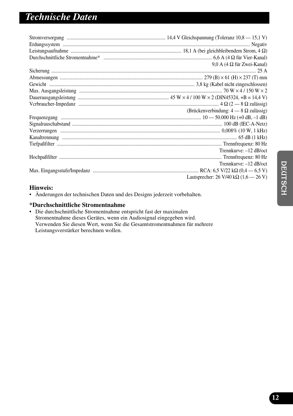 Technische daten | Pioneer GM-X364 User Manual | Page 37 / 76