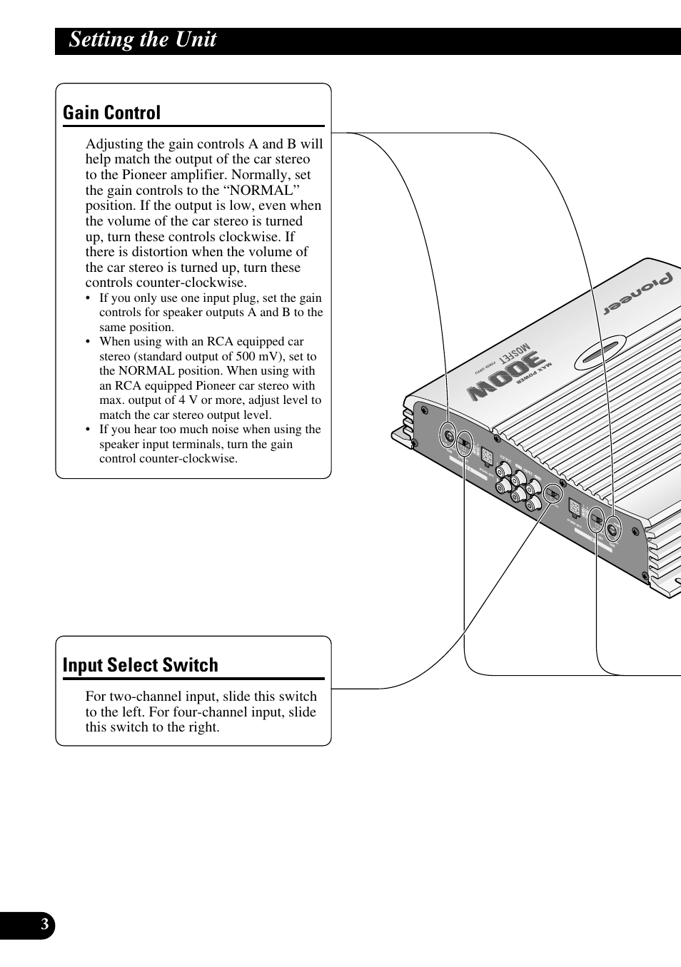 Setting the unit, Gain control input select switch, Gain control | Input select switch | Pioneer GM-X364 User Manual | Page 4 / 76