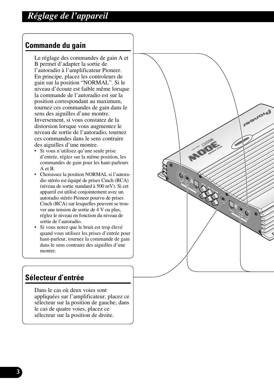 Réglage de l’appareil, Commande du gain sélecteur d’entrée, Commande du gain | Sélecteur d’entrée | Pioneer GM-X364 User Manual | Page 40 / 76