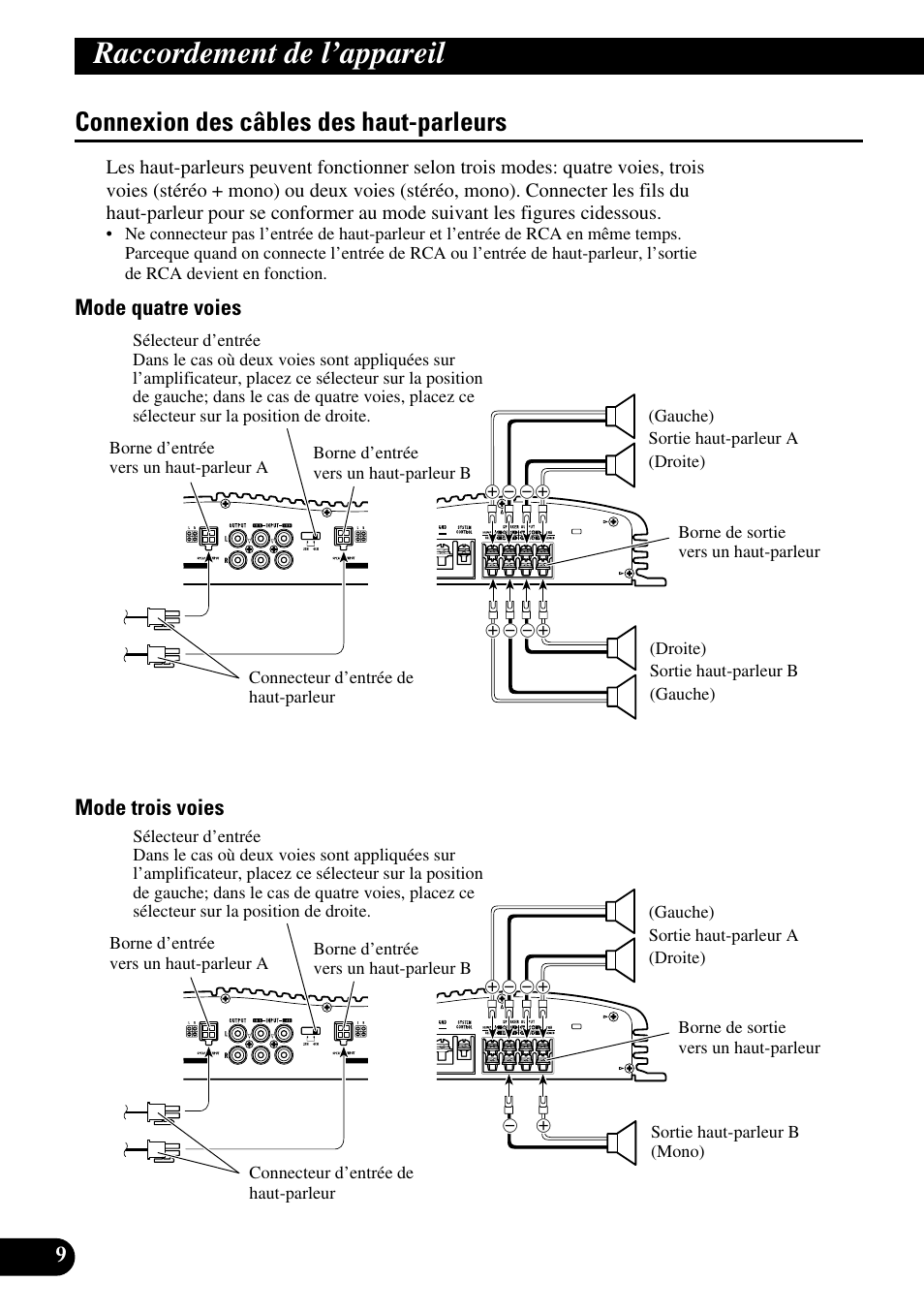 Connexion des câbles des haut-parleurs, Raccordement de l’appareil, Mode quatre voies mode trois voies | Pioneer GM-X364 User Manual | Page 46 / 76