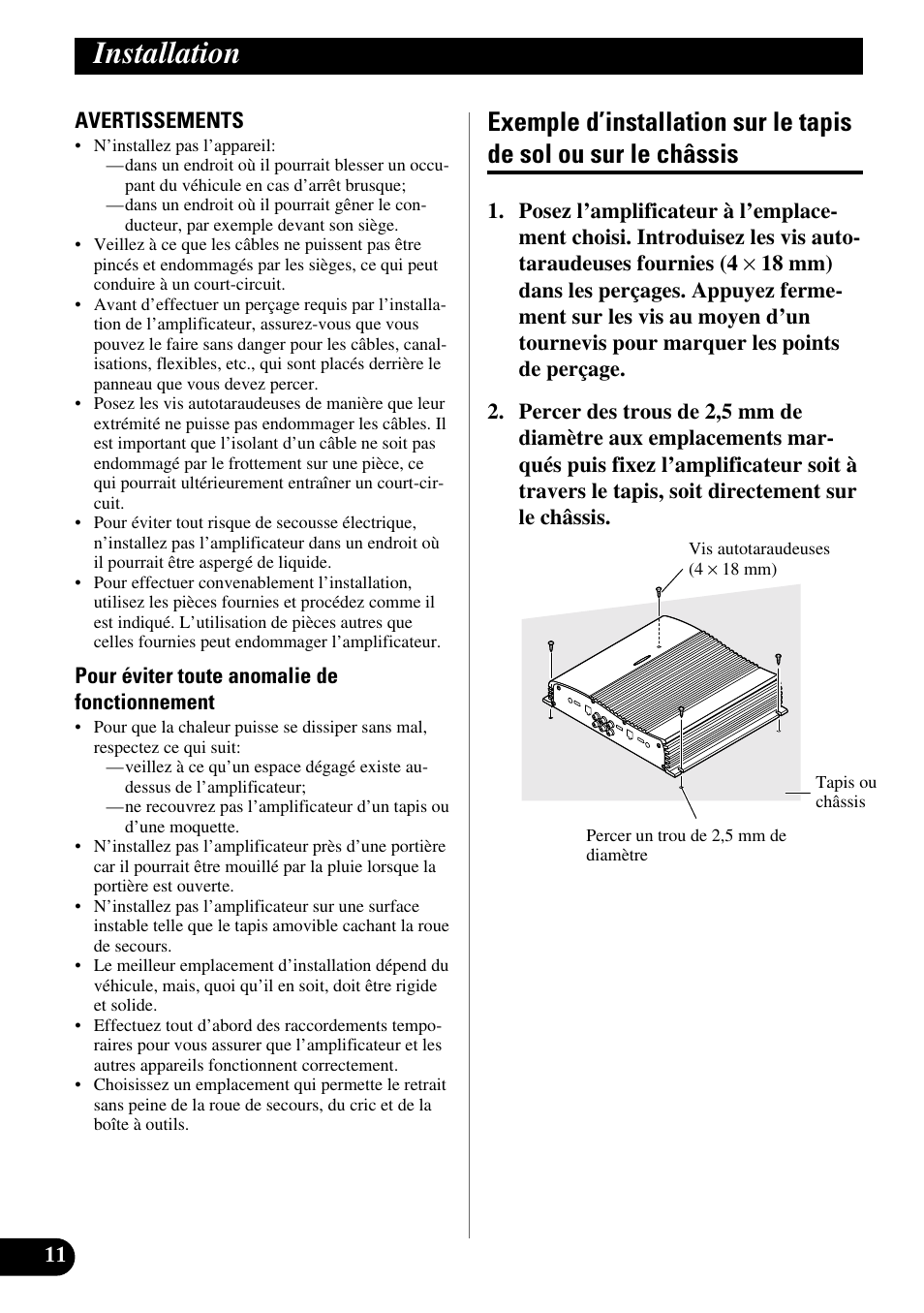 Installation, Exemple d’installation sur le tapis de sol ou, Sur le châssis | Pioneer GM-X364 User Manual | Page 48 / 76