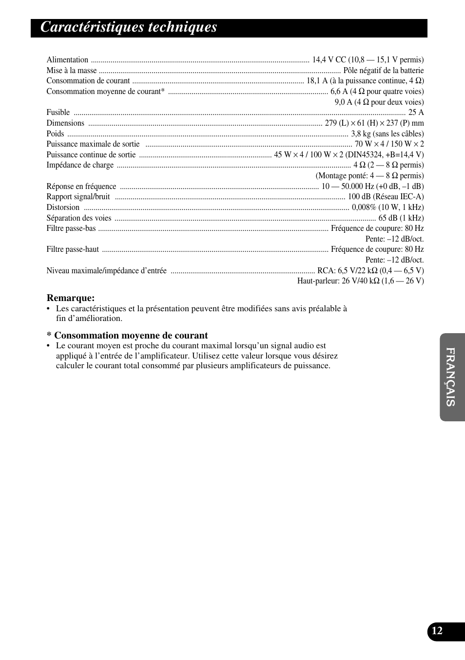 Caractéristiques techniques | Pioneer GM-X364 User Manual | Page 49 / 76