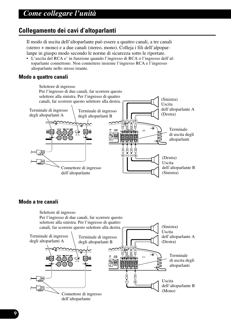 Collegamento dei cavi d’altoparlanti, Come collegare l’unità, Modo a quattro canali modo a tre canali | Pioneer GM-X364 User Manual | Page 58 / 76