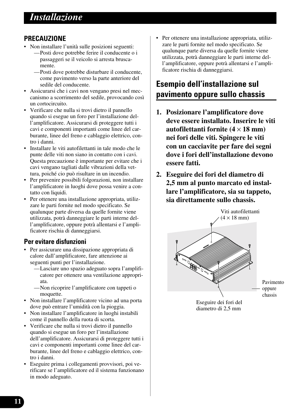 Installazione, Esempio dell’installazione sul pavimento, Oppure sullo chassis | Pioneer GM-X364 User Manual | Page 60 / 76