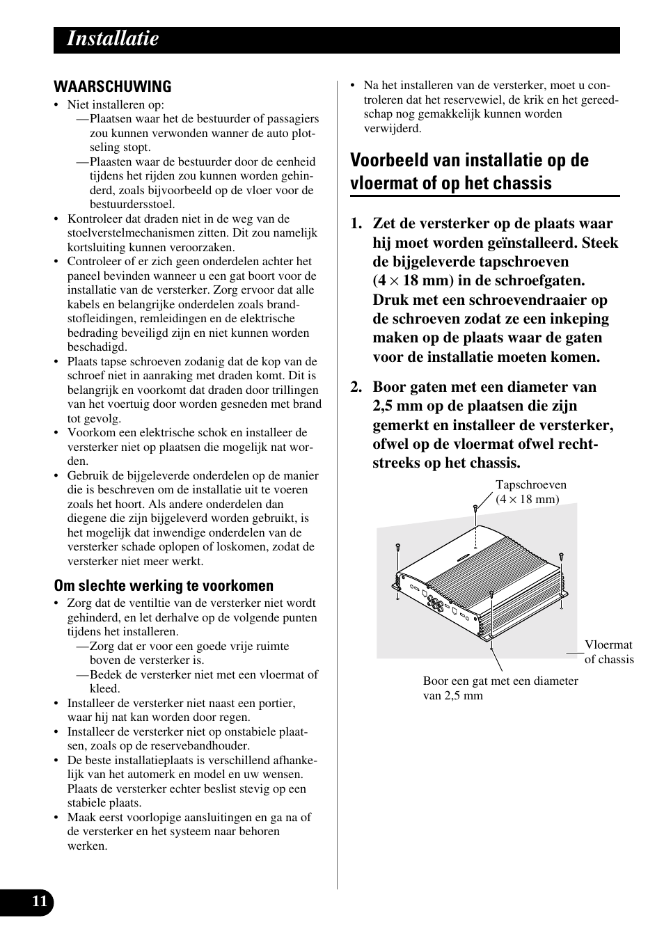 Installatie, Voorbeeld van installatie op de vloermat of, Op het chassis | Pioneer GM-X364 User Manual | Page 72 / 76
