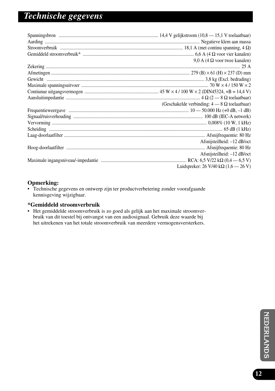 Technische gegevens | Pioneer GM-X364 User Manual | Page 73 / 76