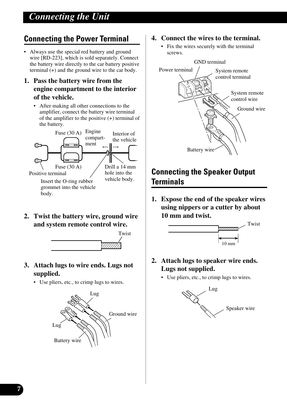 Connecting the unit, Connecting the power terminal, Connecting the speaker output terminals | Pioneer GM-X364 User Manual | Page 8 / 76