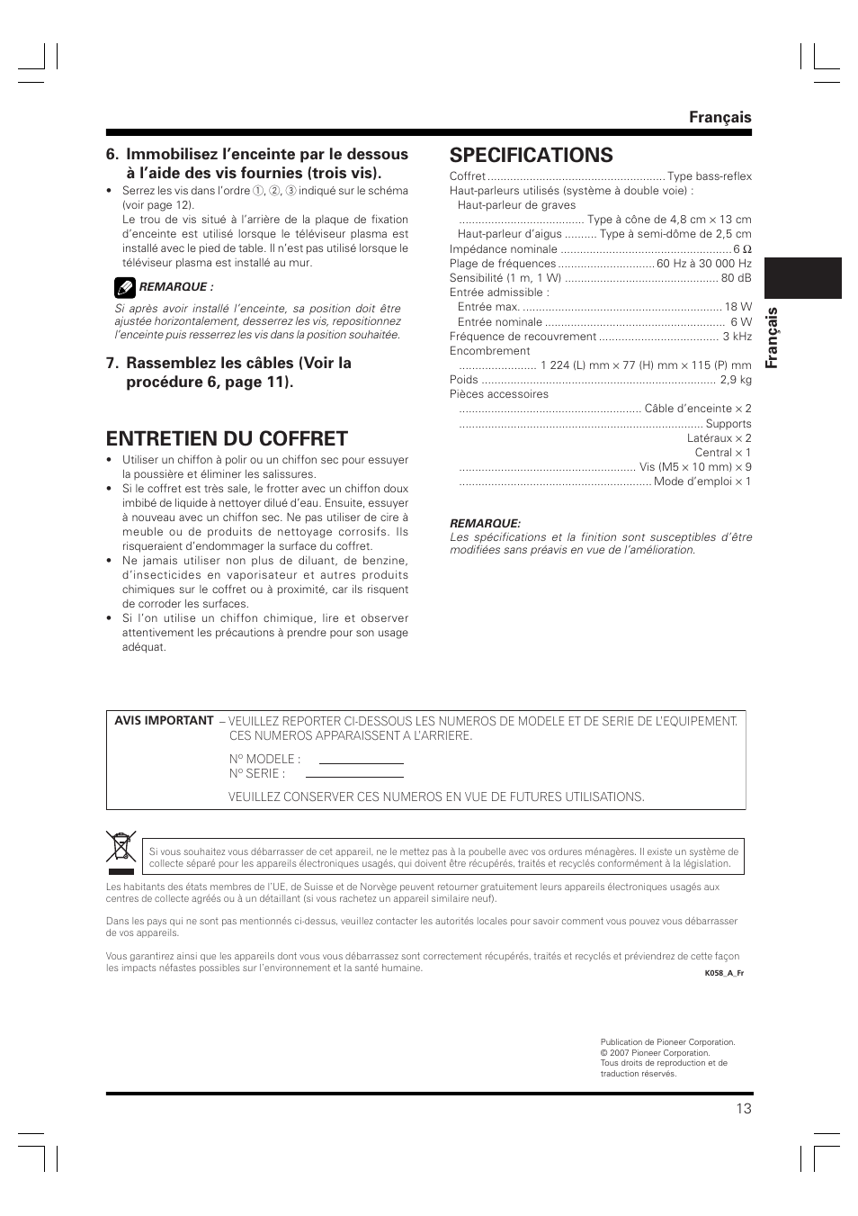 Specifications, Entretien du coffret, Français fran ç ais | Pioneer PDP-S59 User Manual | Page 13 / 44