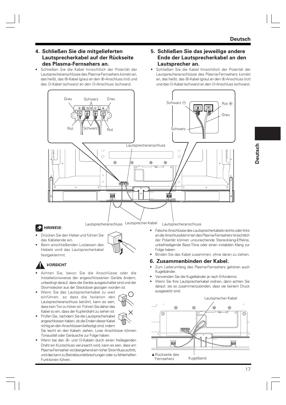 Deutsch, Zusammenbinden der kabel | Pioneer PDP-S59 User Manual | Page 17 / 44