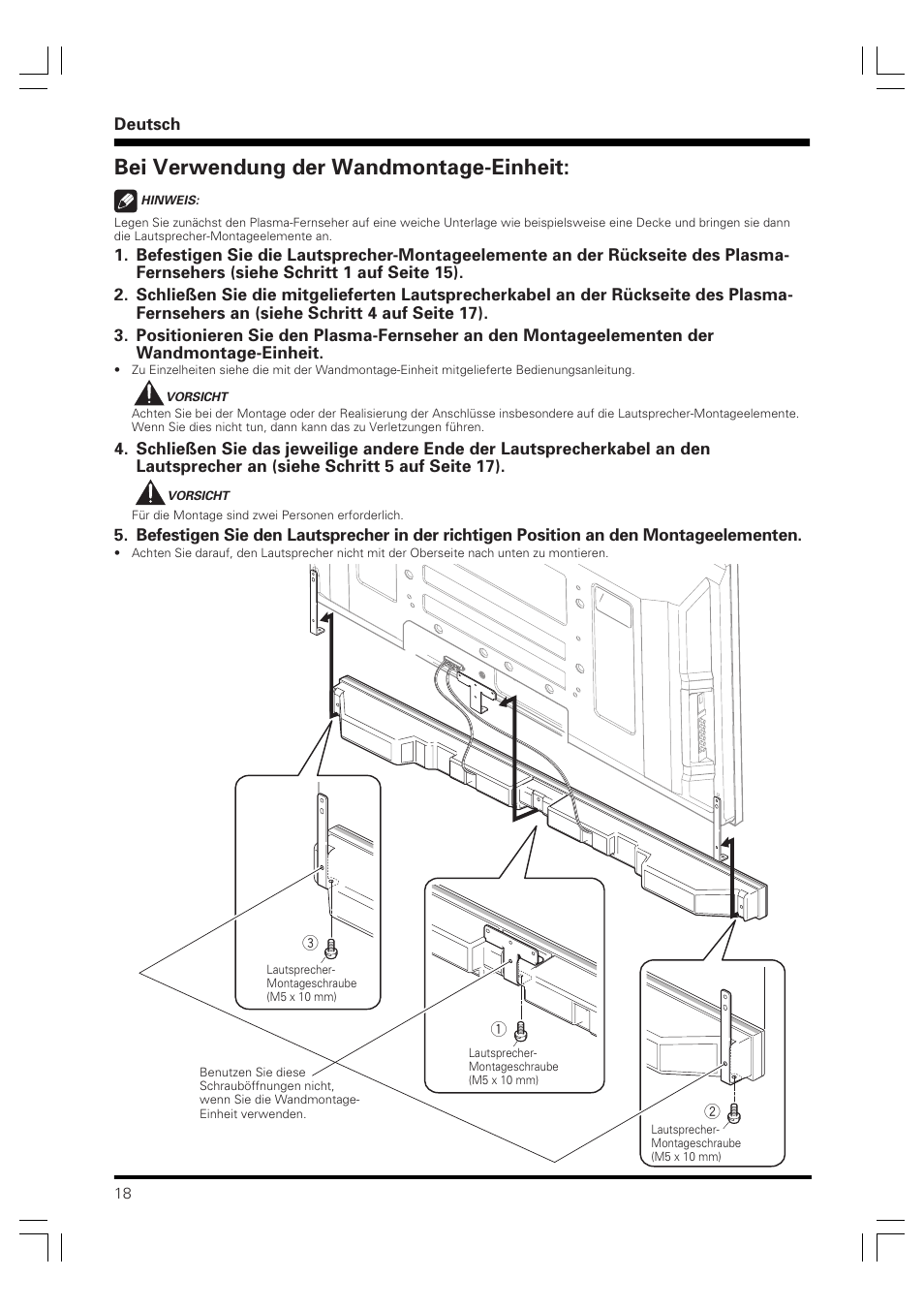 Bei verwendung der wandmontage-einheit | Pioneer PDP-S59 User Manual | Page 18 / 44