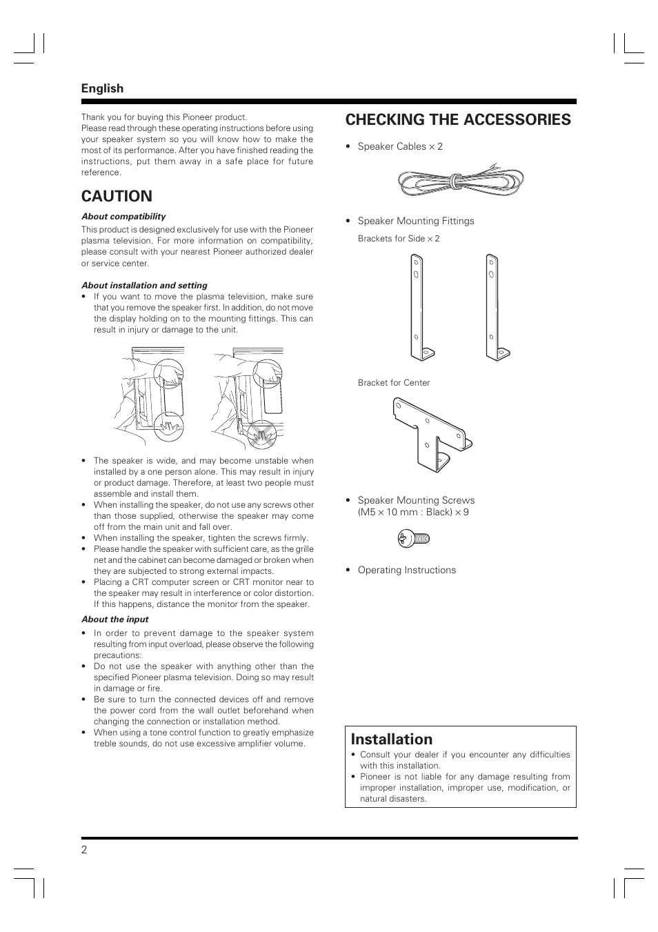 Caution, Checking the accessories, Installation | English | Pioneer PDP-S59 User Manual | Page 2 / 44