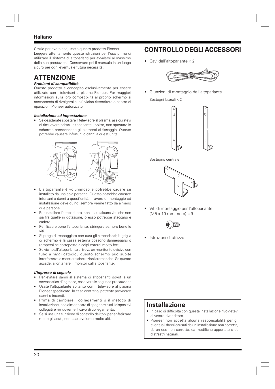 Installazione, Attenzione, Controllo degli accessori | Italiano | Pioneer PDP-S59 User Manual | Page 20 / 44