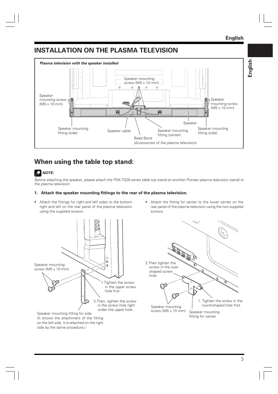 Operating instructions, Speaker system, When using the table top stand | Installation on the plasma television, English | Pioneer PDP-S59 User Manual | Page 3 / 44